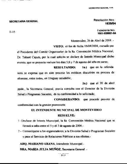 Resolucin de la IMM - Declarando de Inters Municipal la 8 Convencin Mdica Nacional